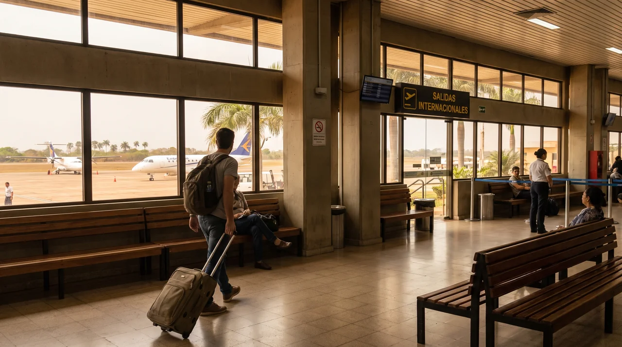 voyageur avec valise dans le hall d'un aéroport, lumière naturelle, ambiance calme