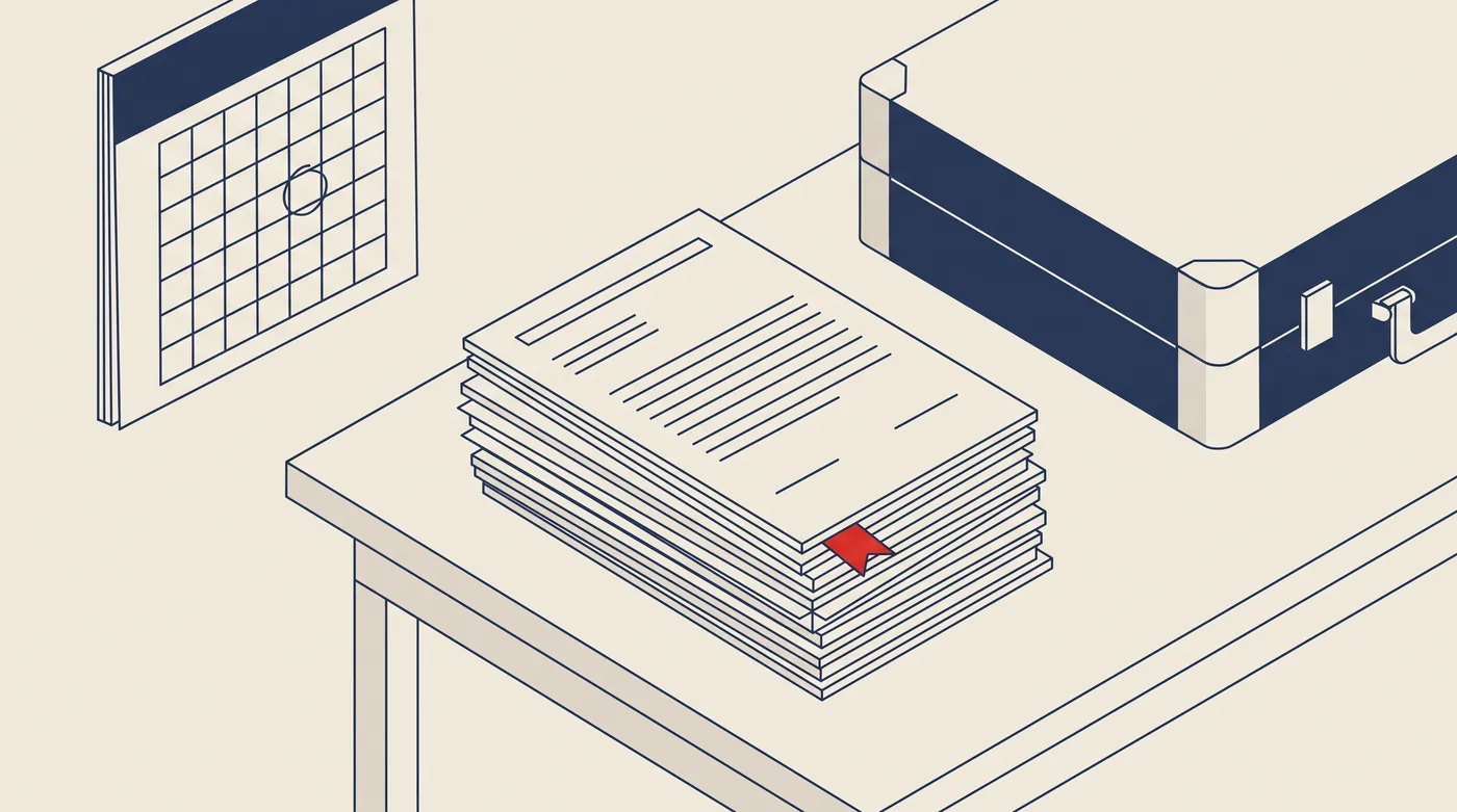 Illustration d'une préparation d'expatriation : dossier de documents, calendrier et valise