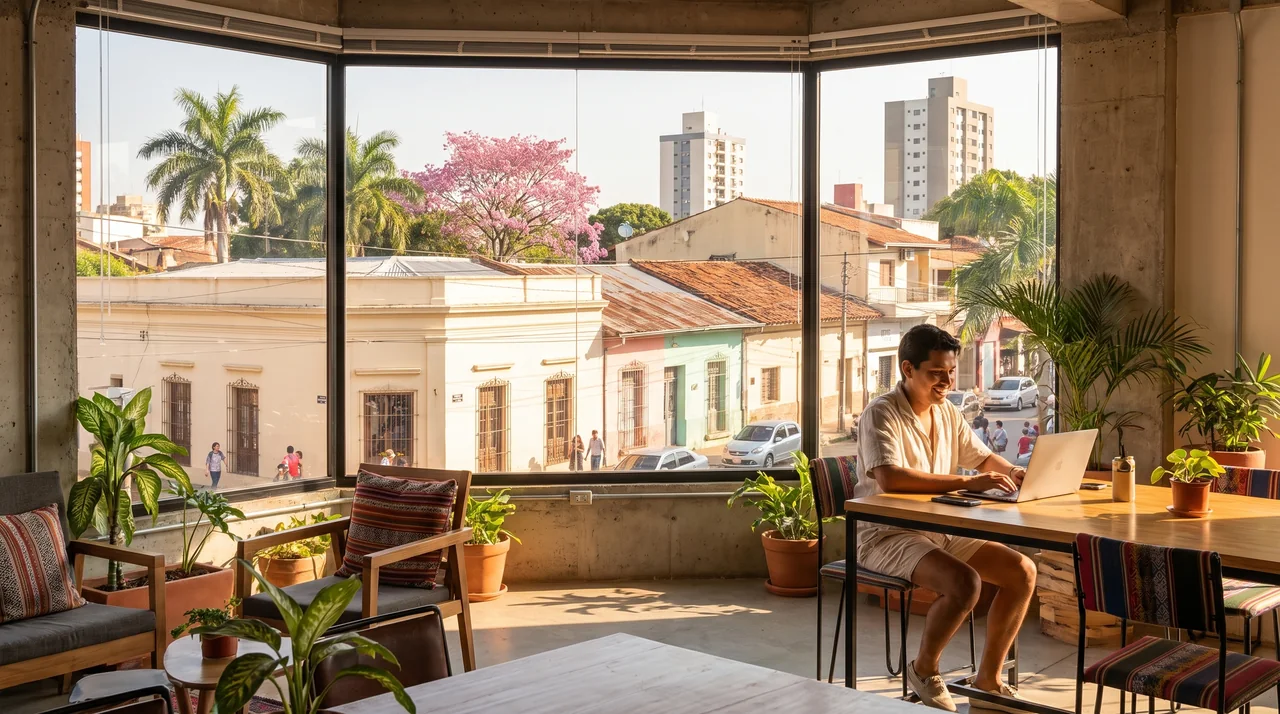 digital nomade travaillant sur son ordinateur portable dans un café à Asunción, Paraguay