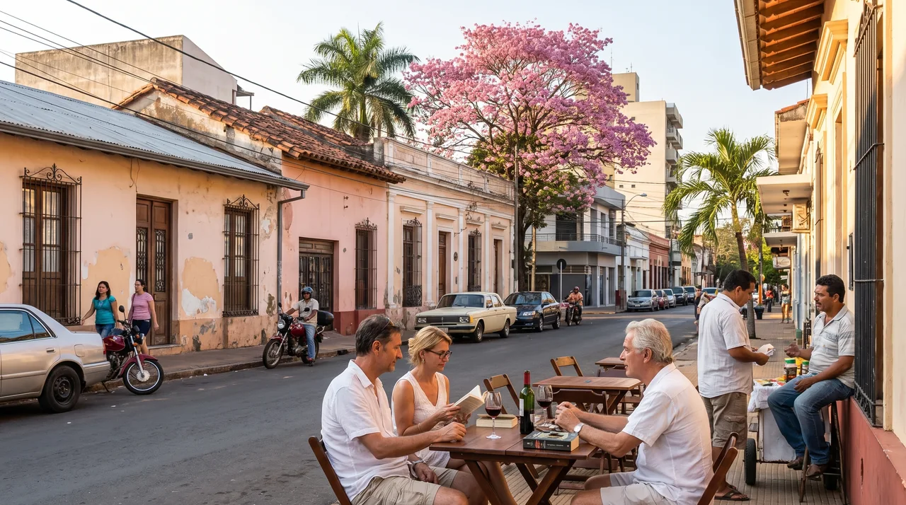 valises et documents de voyage posés devant une vue d'Asunción au coucher du soleil, préparatifs d'installation au Paraguay