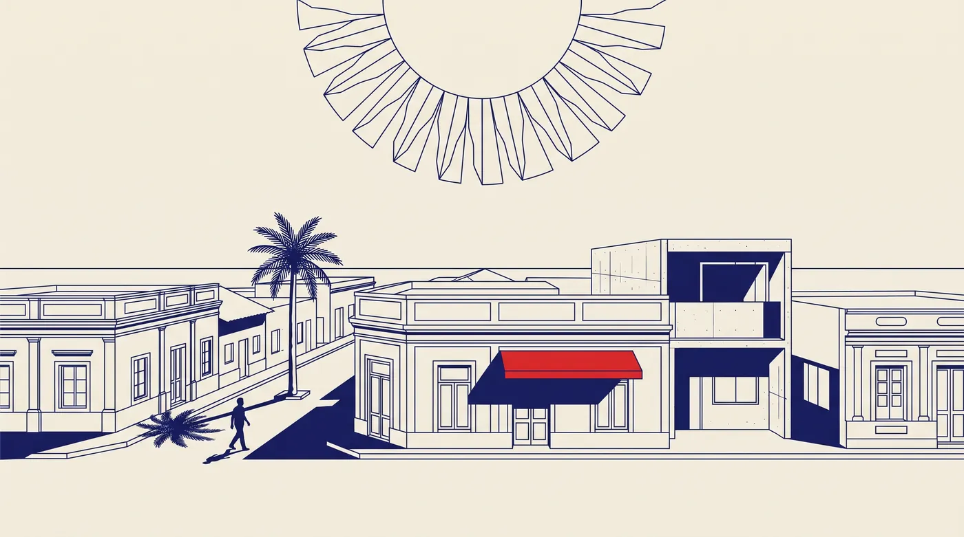 Illustration d'un soleil de plomb sur une rue calme d'Asunción en été