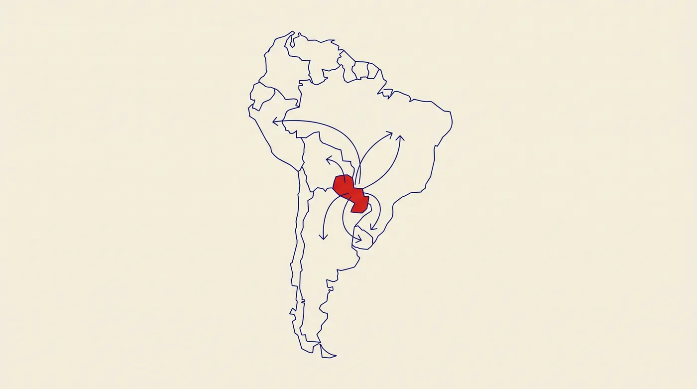 Carte stylisée de l'Amérique du Sud avec le Paraguay en rouge, relié à ses voisins du Mercosur