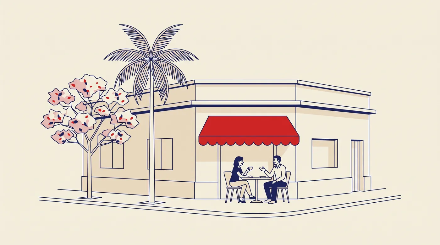Illustration d'une terrasse de café tranquille dans un quartier résidentiel d'Asunción