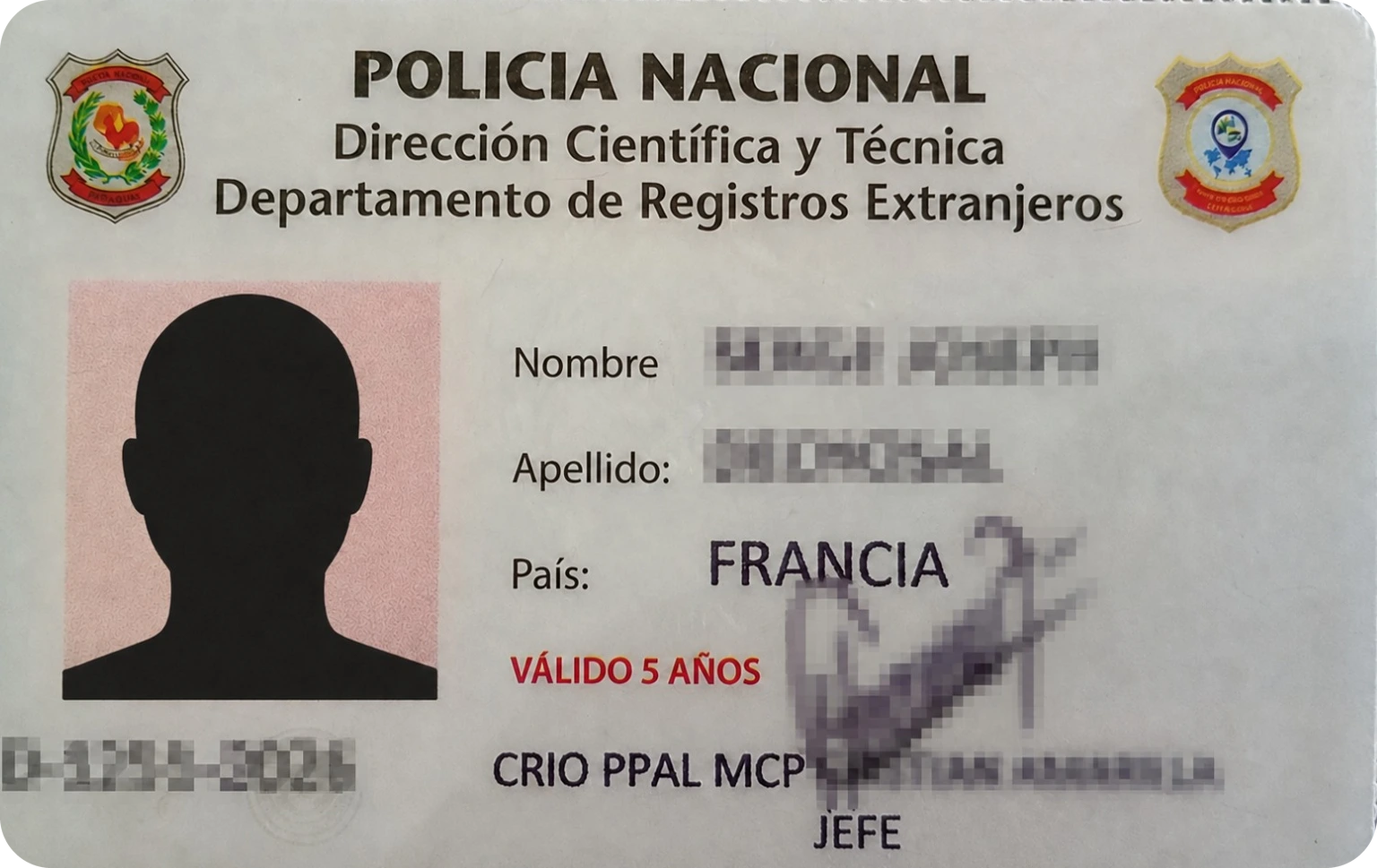 Recto de la carte de police pour résidents étrangers au Paraguay (Departamento de Registros Extranjeros de la Policía Nacional) : photo, identité, pays et mention Válido 5 años (exemple réel anonymisé)