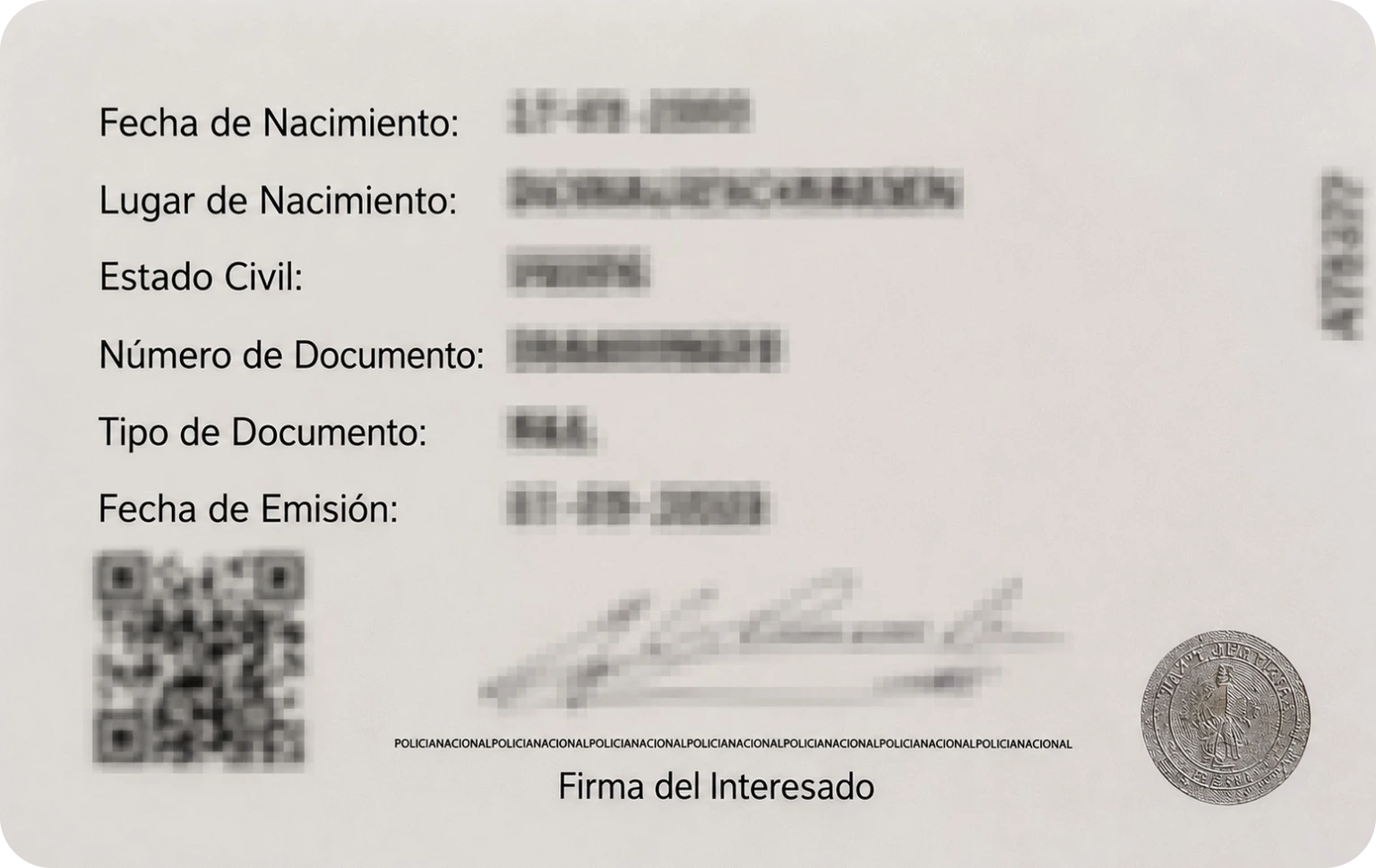 Verso de la carte de police pour résidents étrangers au Paraguay : état civil, document de référence, date d'émission, QR code et signature (exemple réel anonymisé)