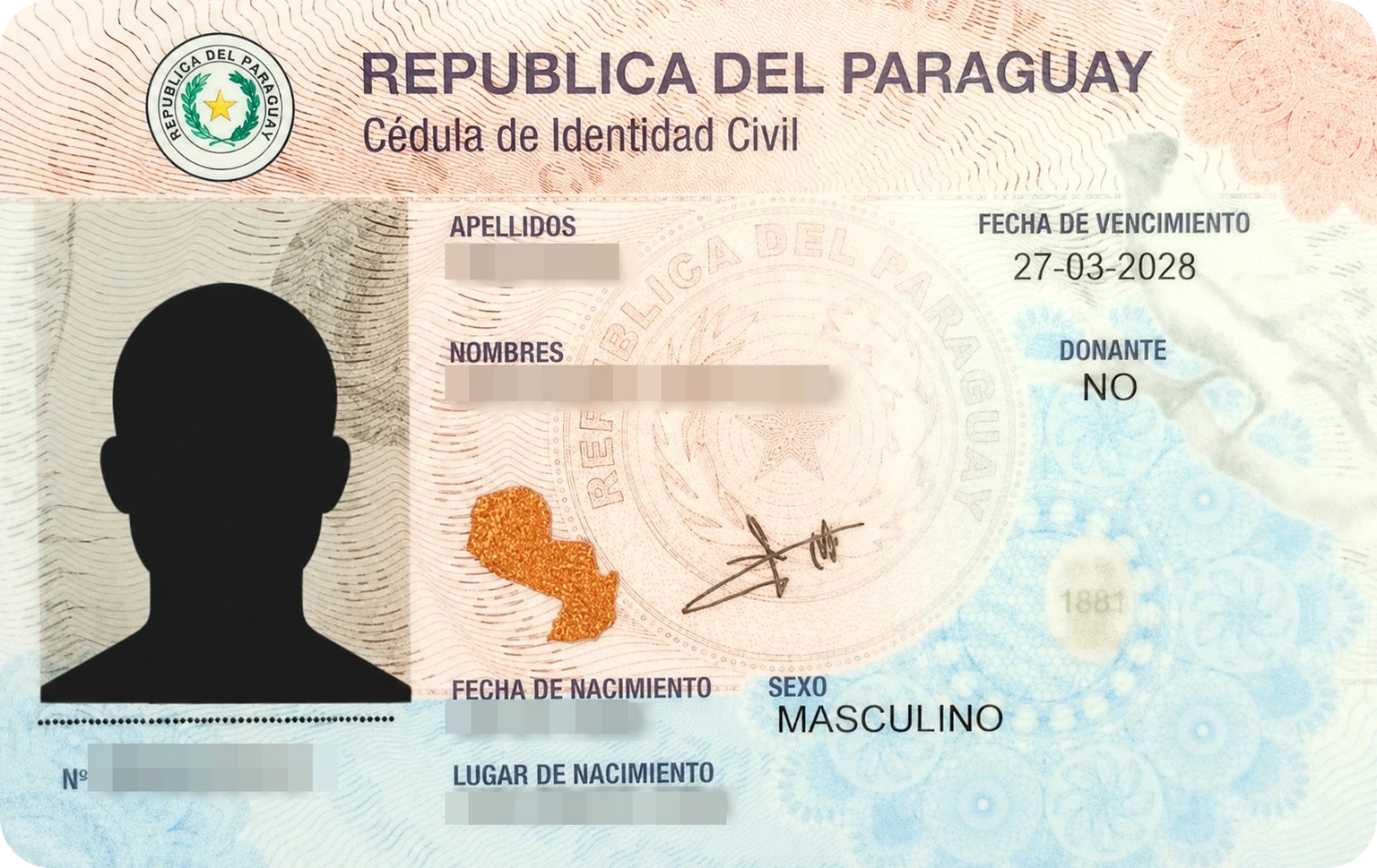 Recto de la cédula paraguayenne électronique : photo et données d'identité (exemple réel anonymisé)