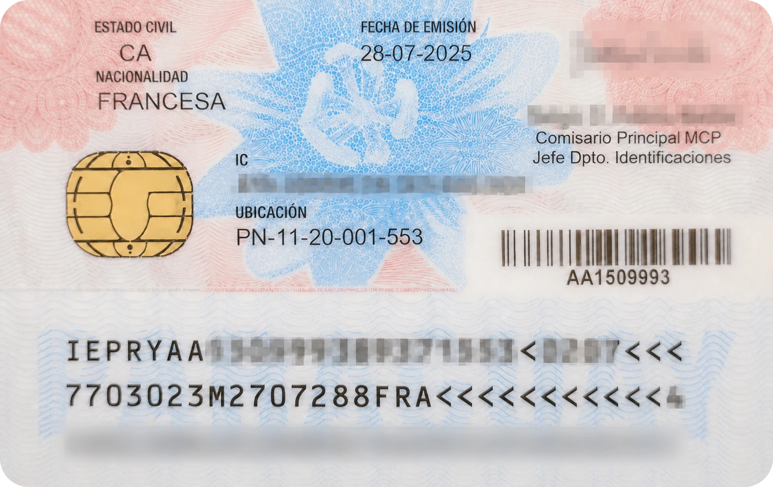 Verso de la cédula paraguayenne électronique : puce, code-barres et bande de lecture optique (exemple réel anonymisé)