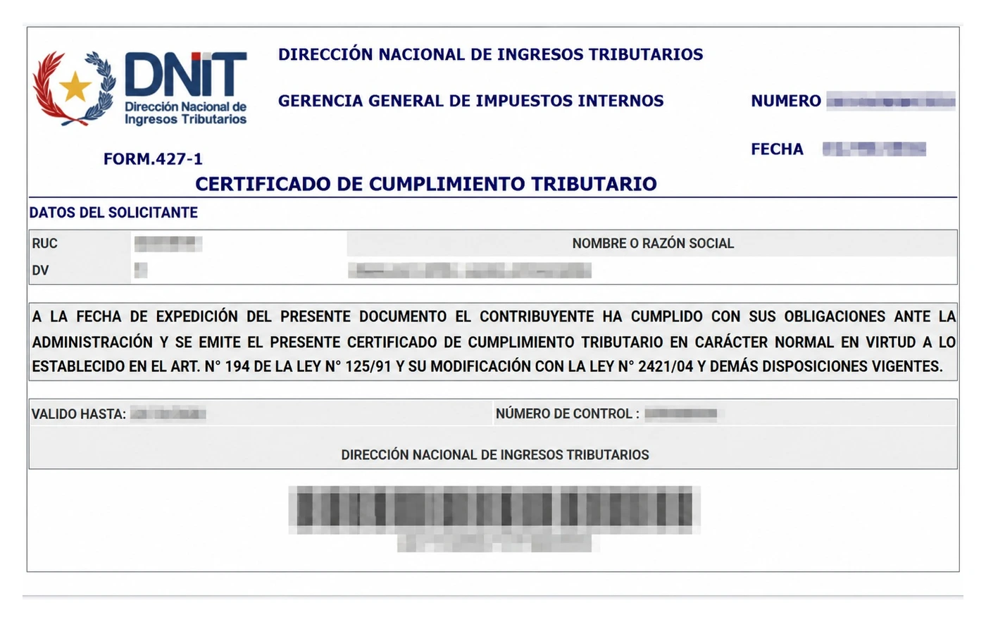 Certificado de Cumplimiento Tributario paraguayen (formulaire 427-1) délivré par la DNIT : RUC, attestation de conformité fiscale, validité et numéro de contrôle (exemple réel anonymisé)