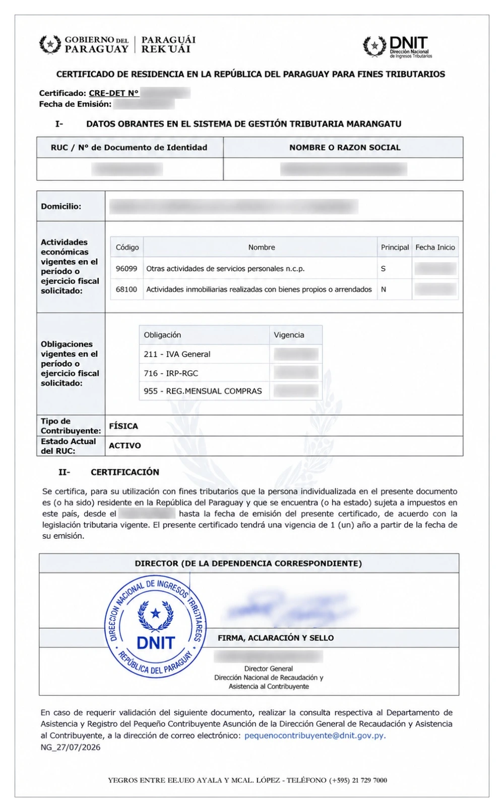 Certificat de résidence fiscale paraguayen (Certificado de Residencia para Fines Tributarios, CRE-DET) délivré par la DNIT : RUC, activités économiques, obligations fiscales et certification signée (exemple réel anonymisé)